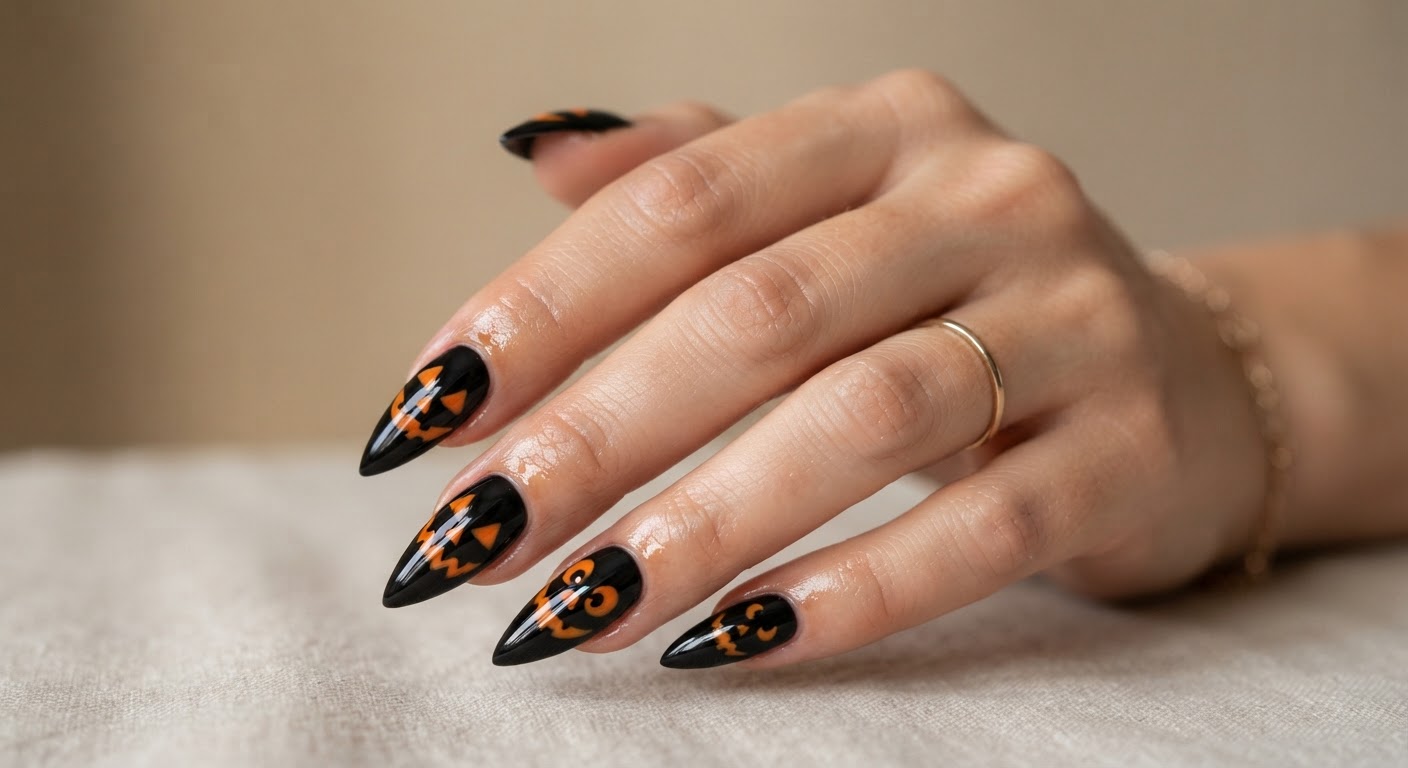 Glossy orange jack-o'-lantern faces carved on a black base on stiletto nails