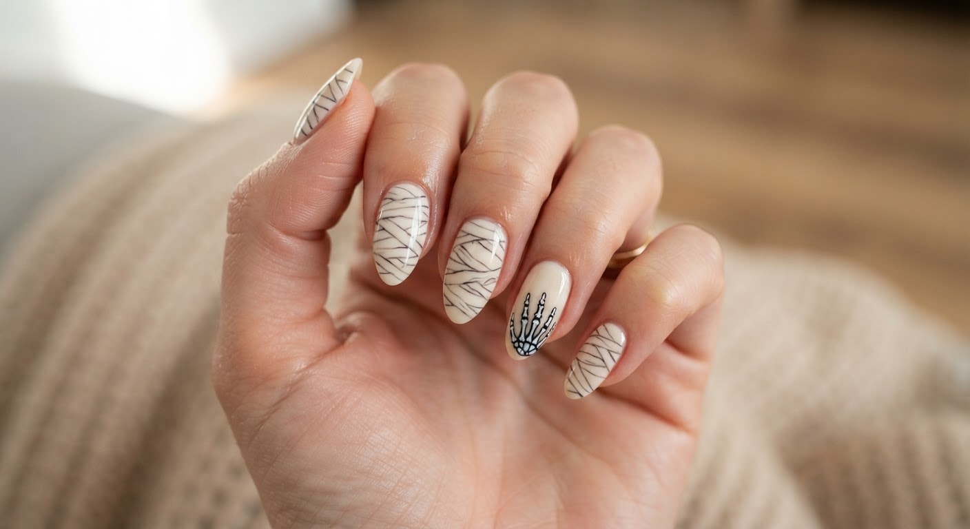Creamy white nails with mummy wrap line art and a tiny skeleton hand accent