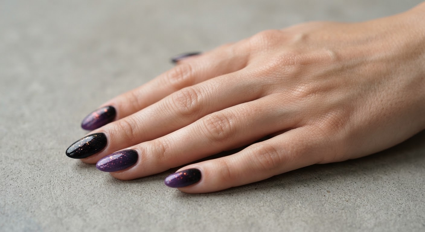 Halloween ombre nails from black to deep purple with scattered orange glitter