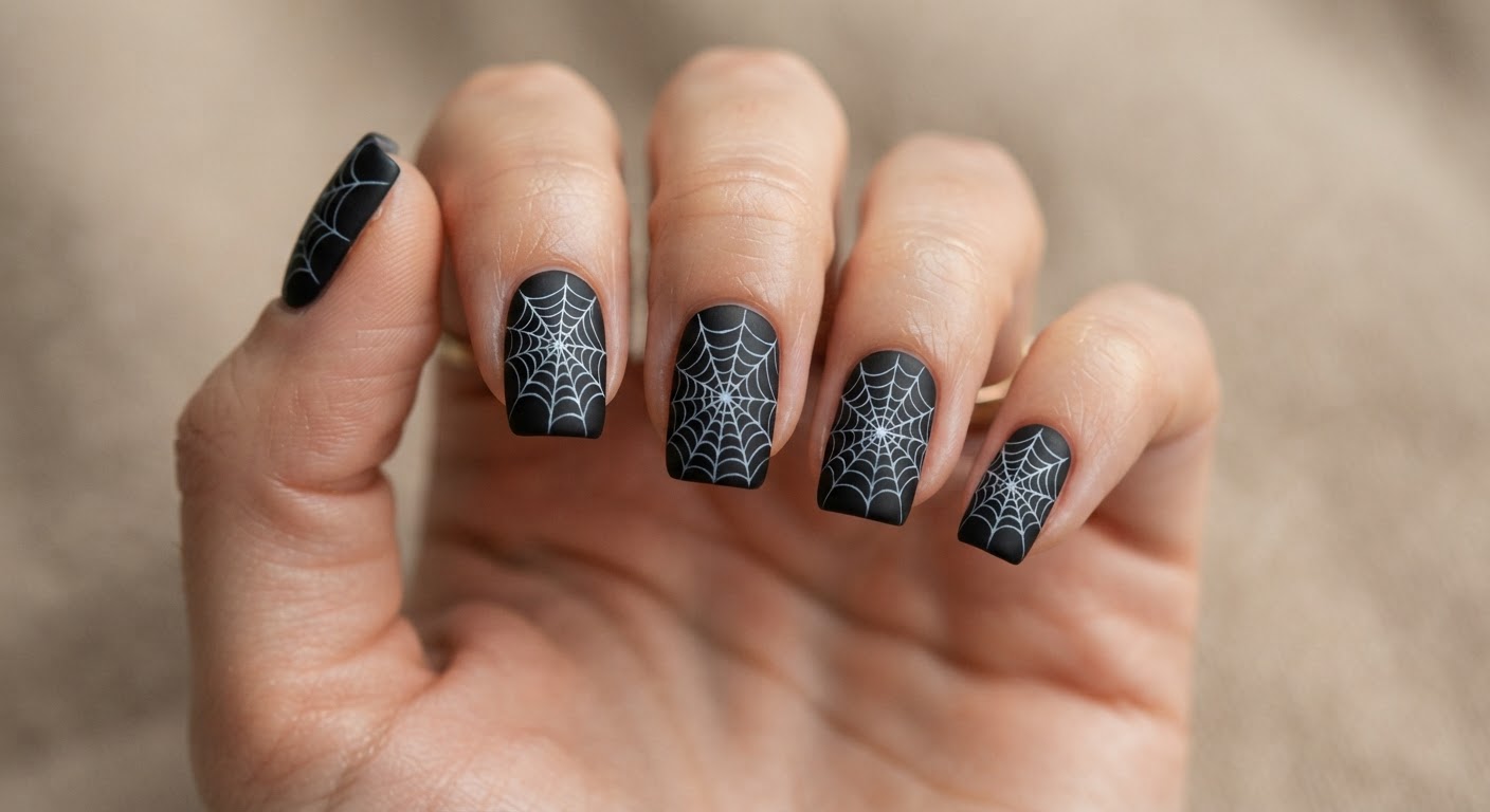 Matte black square nails with delicate white spider web line art