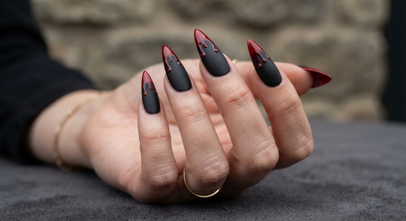 Matte black stiletto nails with glossy blood red French tips