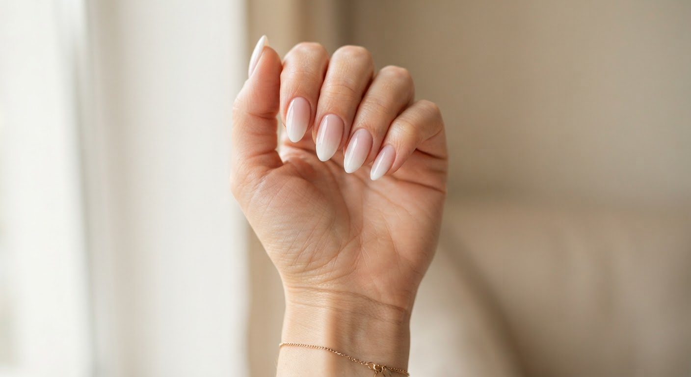 Glossy almond nails with a sheer pink to white baby boomer French fade