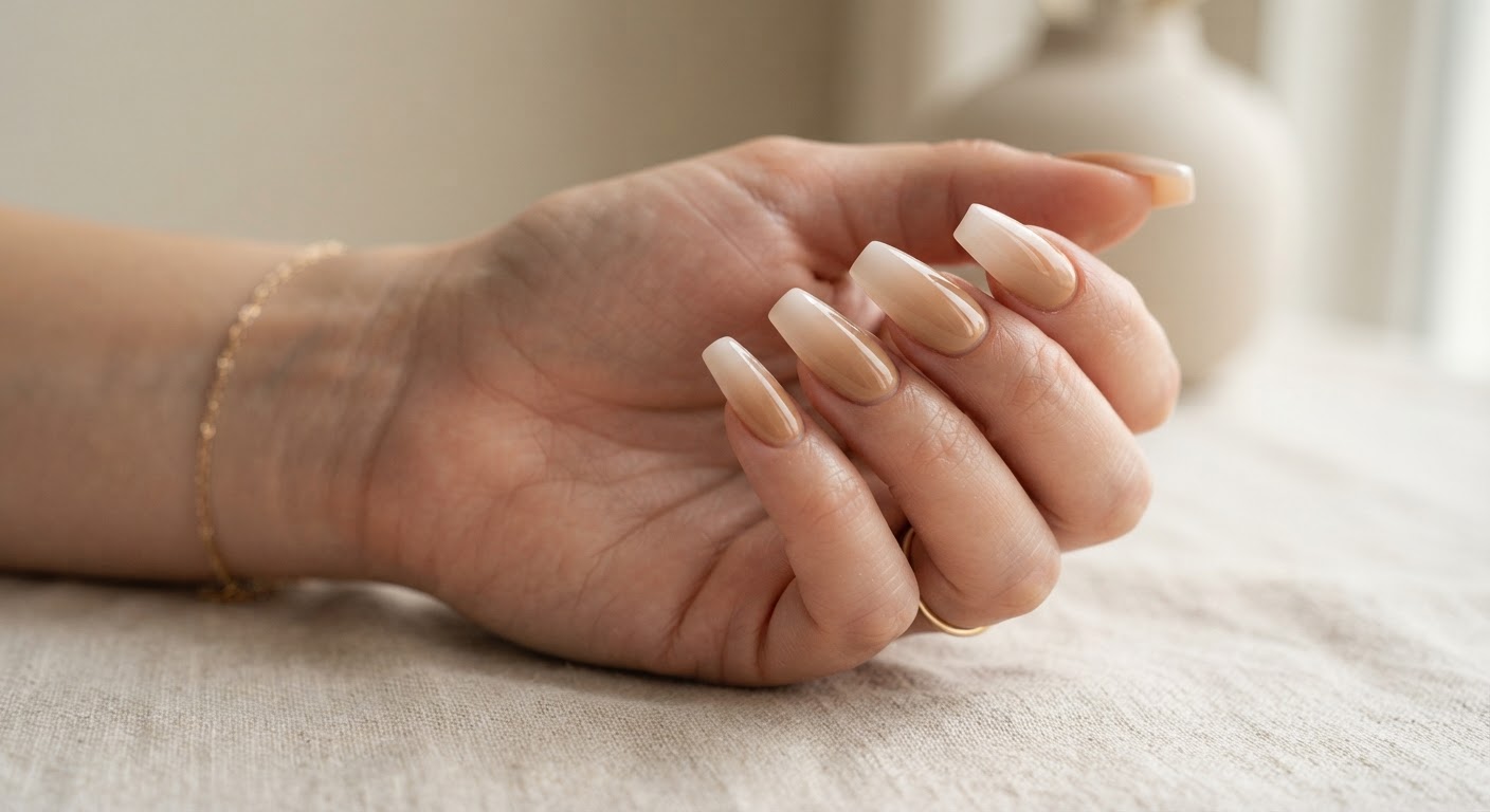 Coffin nails with a beige to cream vertical ombre gradient