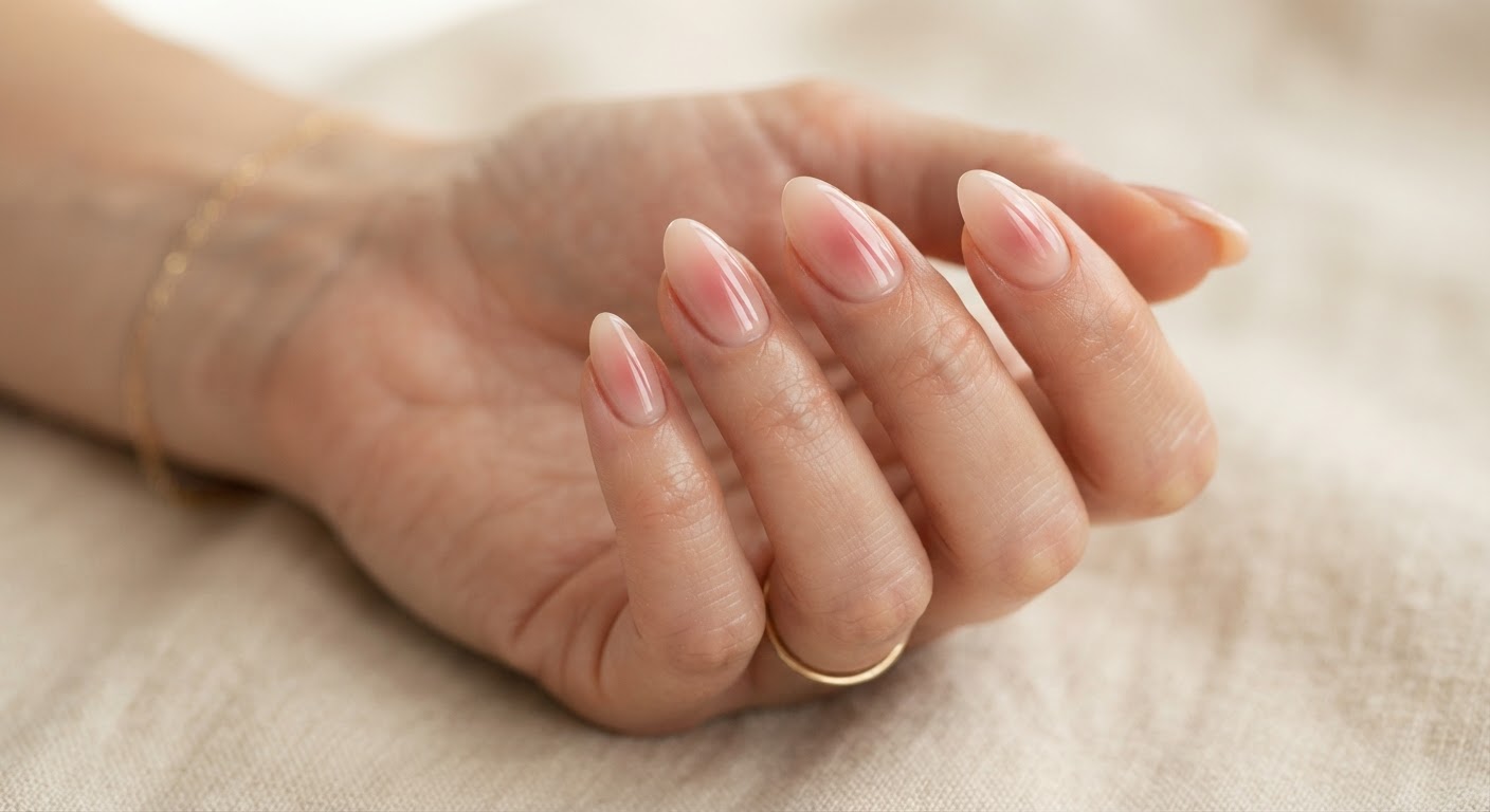Almond nails with a soft rose blush glow in the centre of each nail