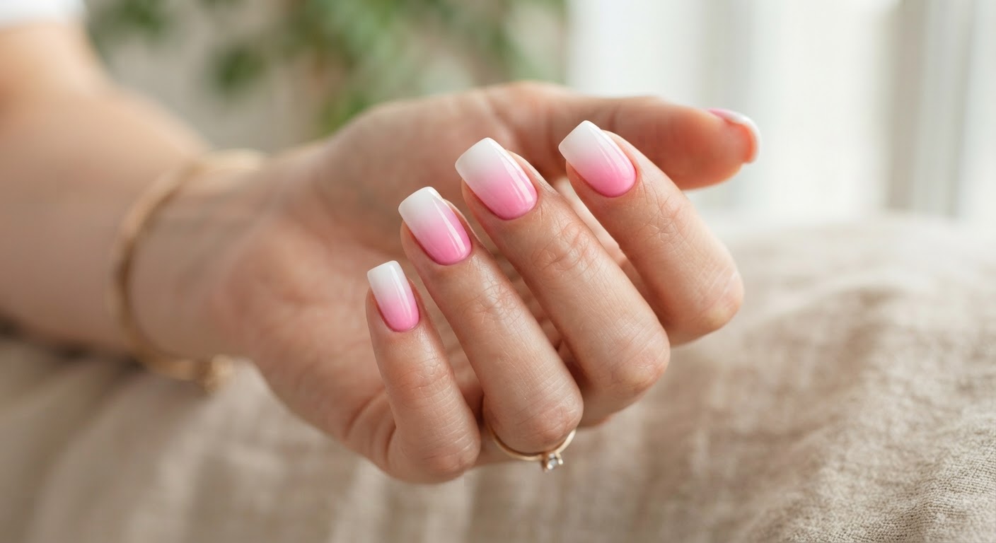 Square nails with a bubblegum pink to white vertical ombre