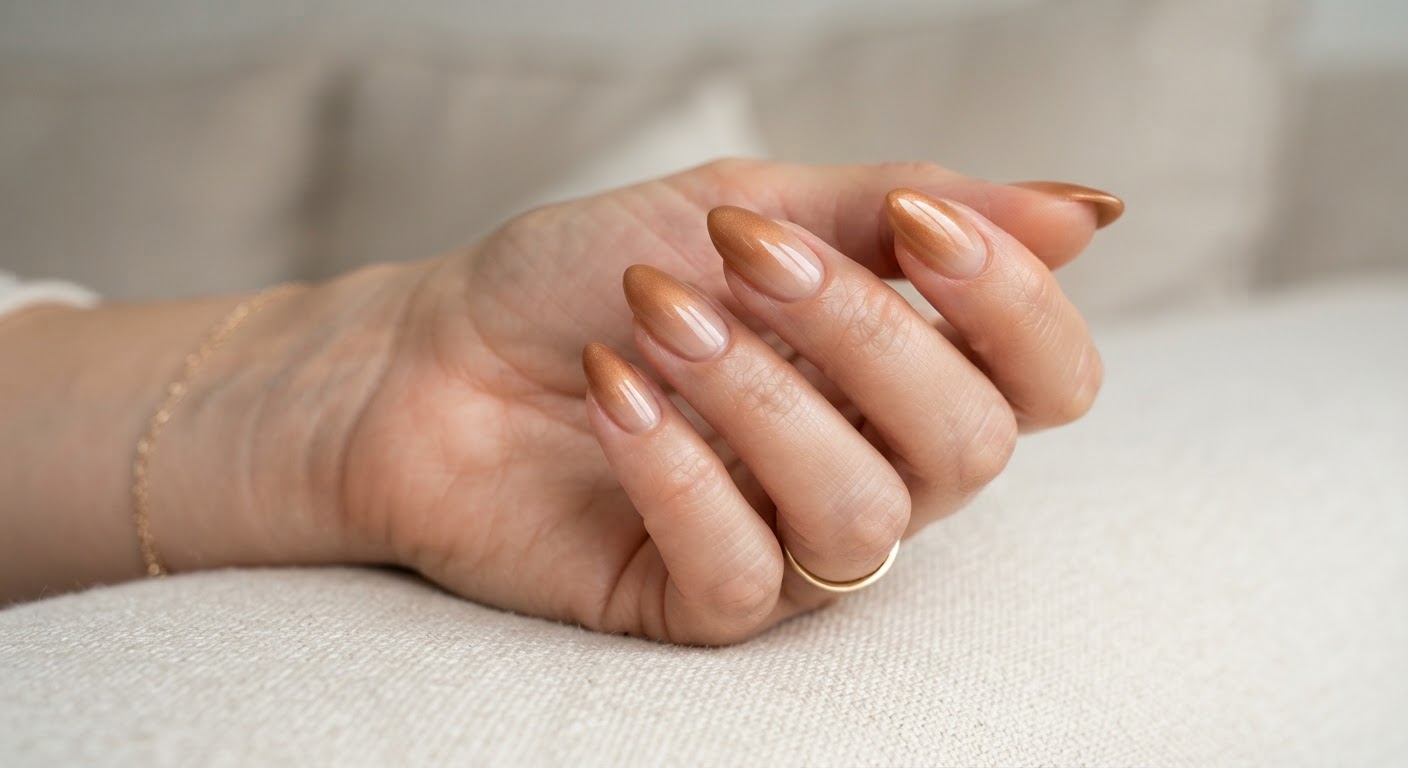 Almond nails with a glazed caramel to nude ombre and warm shimmer