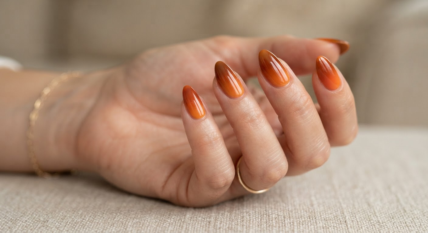 Almond nails with an amber, rust and burnt orange fall sunset ombre