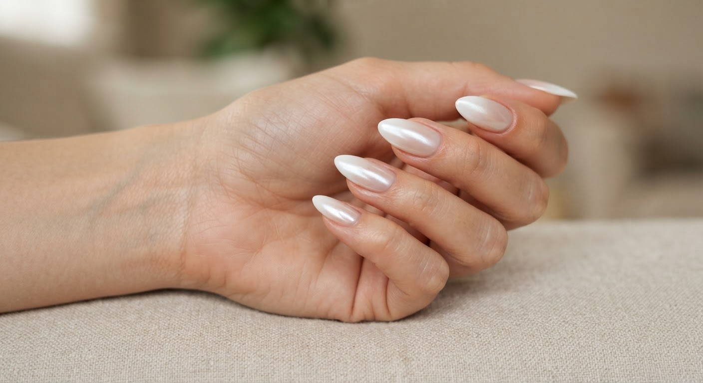 Almond nails with a pearlescent glazed chrome French ombre