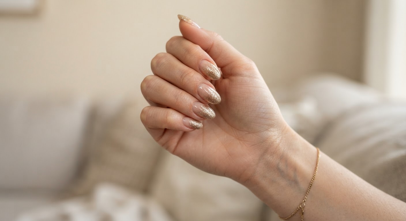 Almond nails with gold glitter concentrated at the tips over a sheer nude base