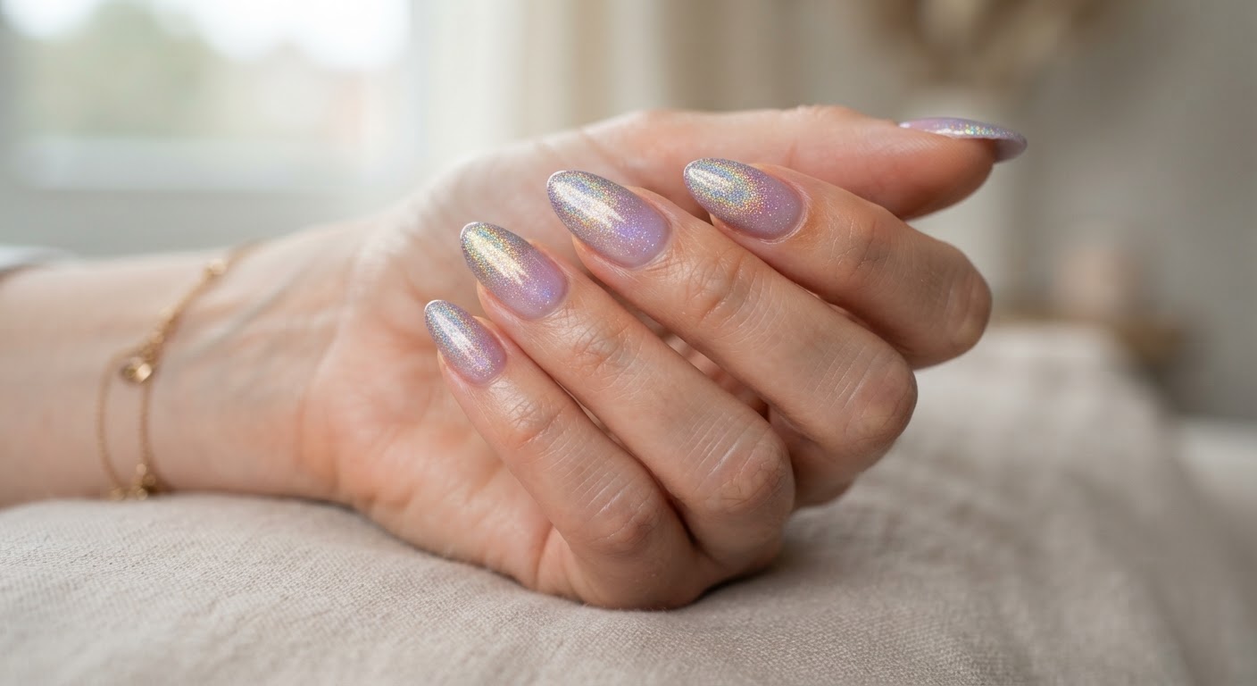 Almond nails with iridescent holographic glitter fading into a sheer lilac base