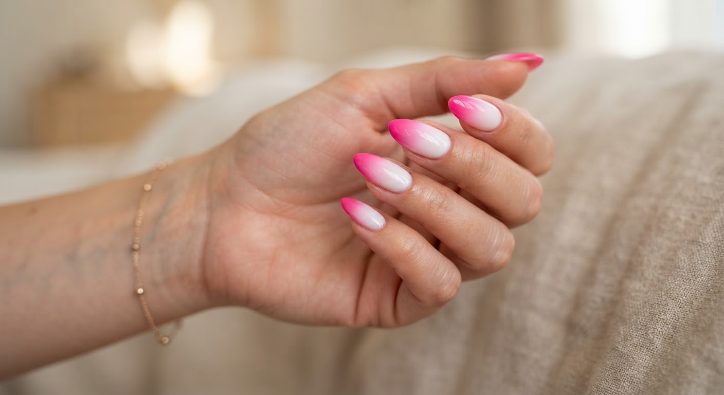 Almond nails with hot pink fading to white at the cuticle