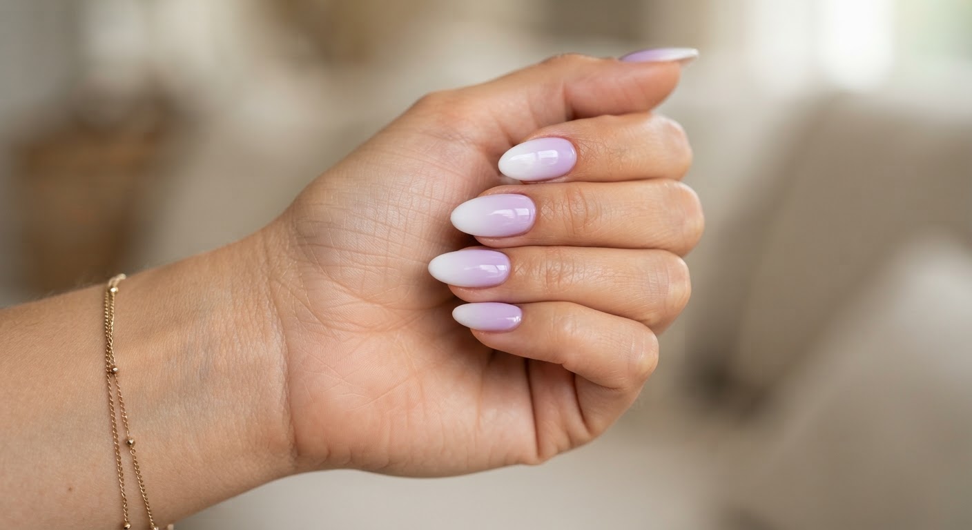Almond nails with a soft lavender to white French ombre