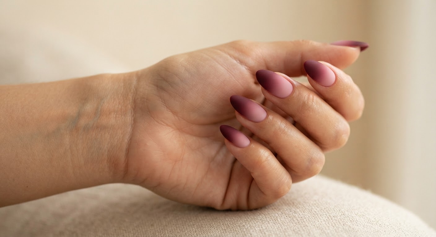 Almond nails with a matte pink to burgundy ombre