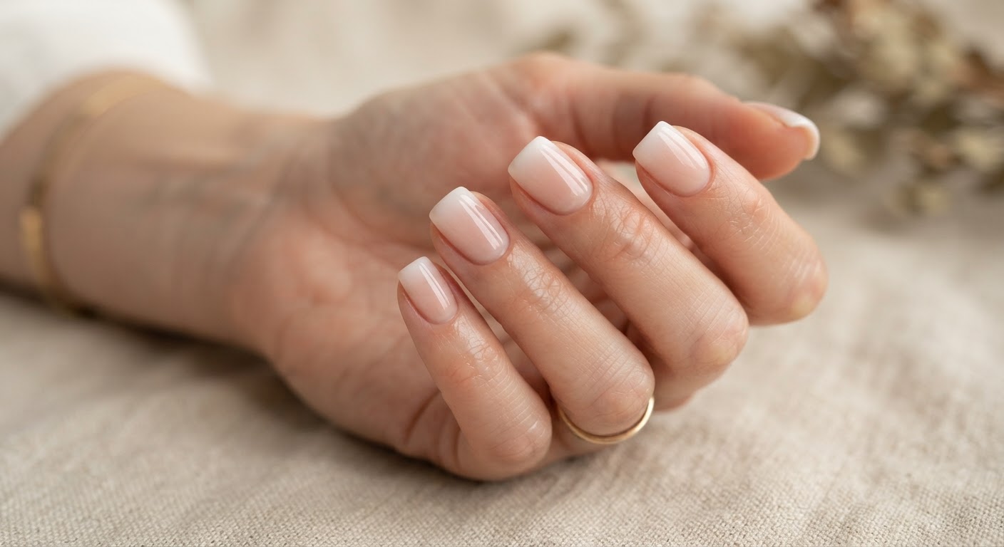 Short square nails with a thin micro French ombre smile line