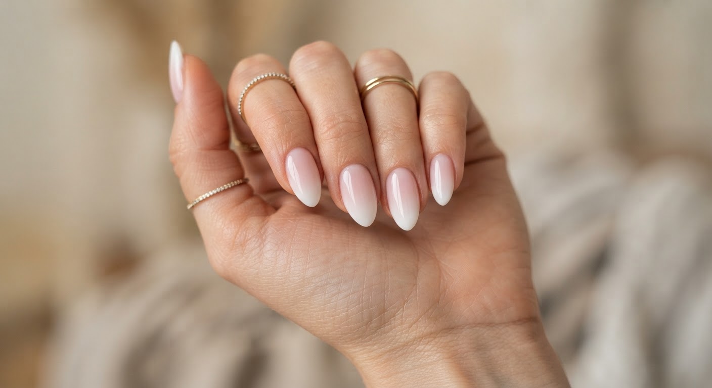 Almond nails with a milky sheer base fading into a diffused white tip