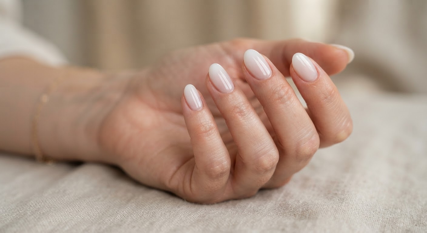 Short almond nails with milky white fading to clear at the free edge