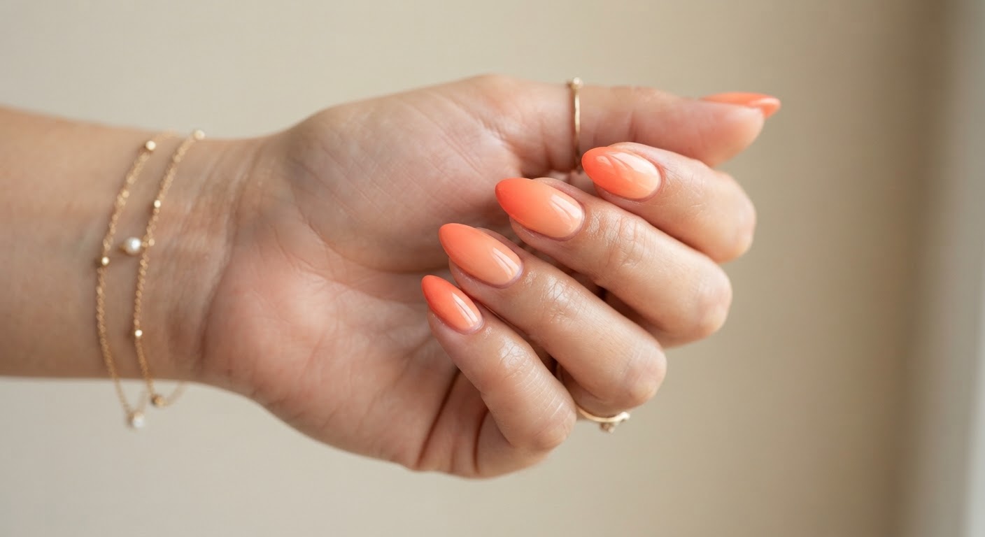 Almond nails with a peach to coral ombre gradient