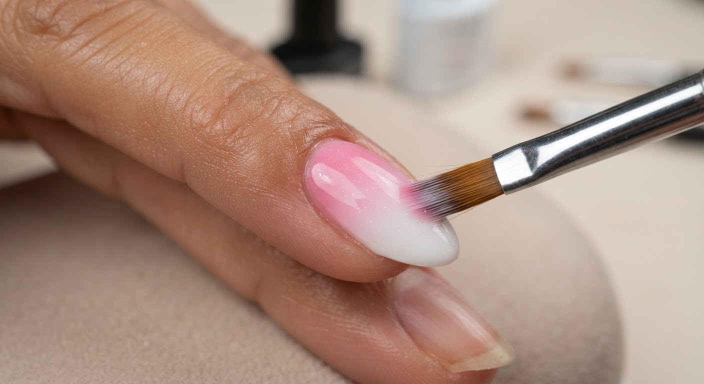 A close-up of a single nail being blended with a fine ombre brush