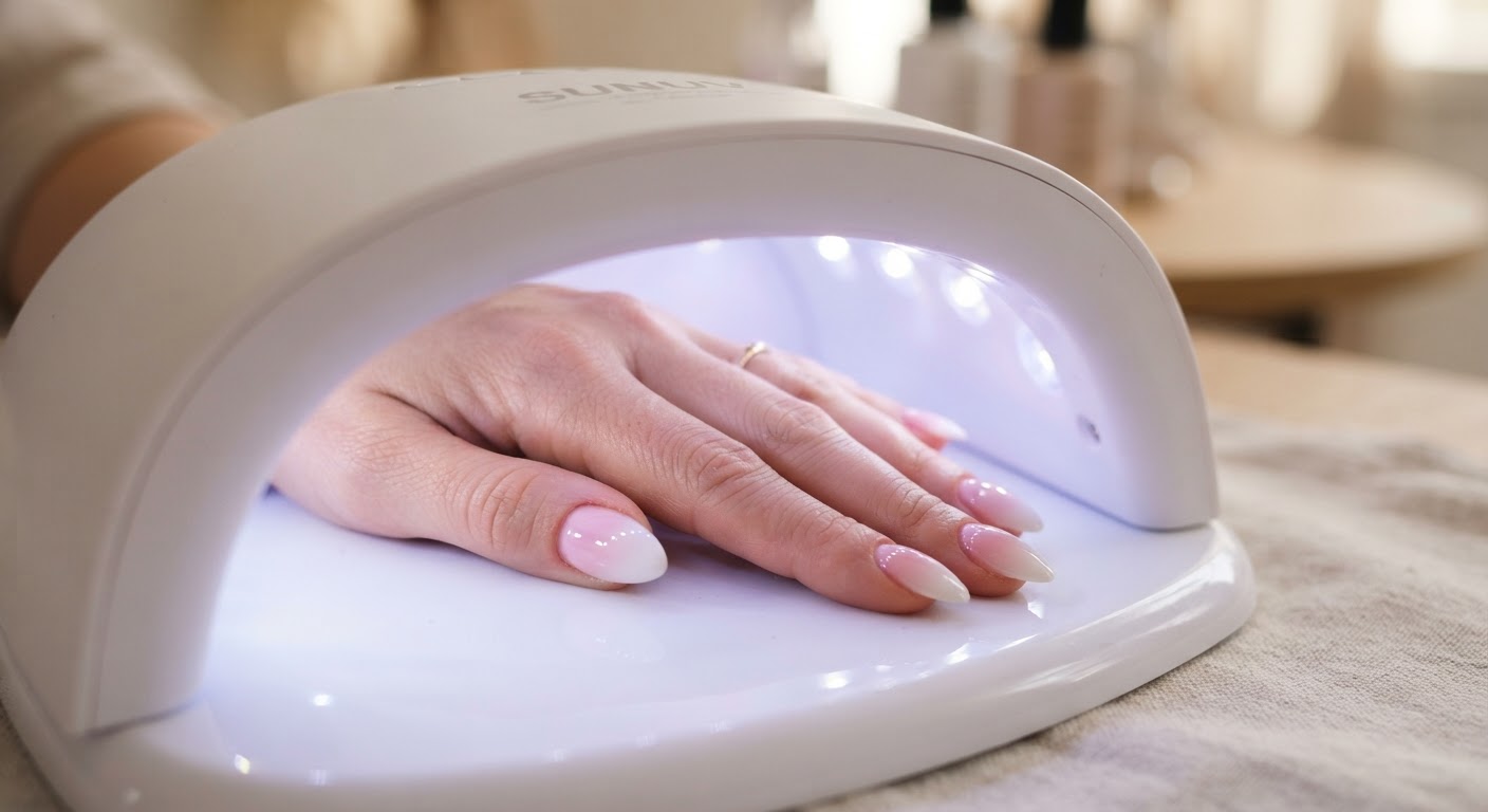 A hand curing pink and white ombre nails inside a UV LED lamp