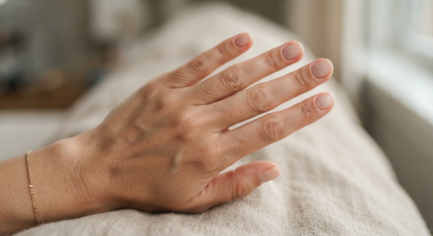 A bare female hand with short buffed natural nails and pushed-back cuticles
