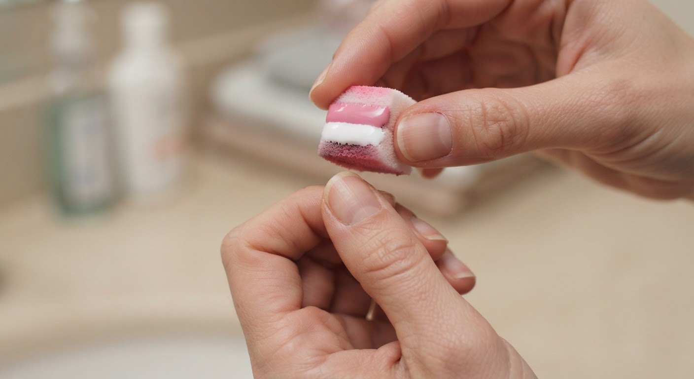 A hand holding a makeup sponge painted with two stripes of pink and white polish