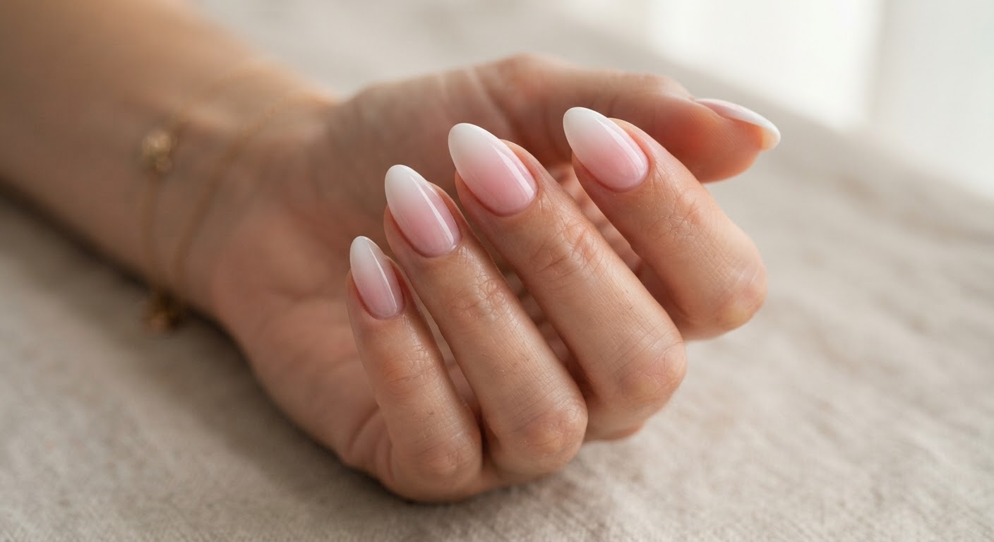 A finished glossy pink to white ombre manicure on an almond-shaped hand