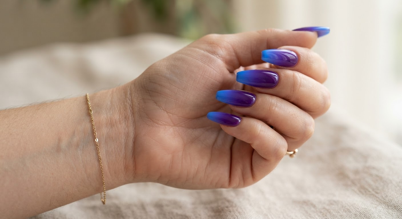 Coffin nails with a rich purple to electric blue ombre