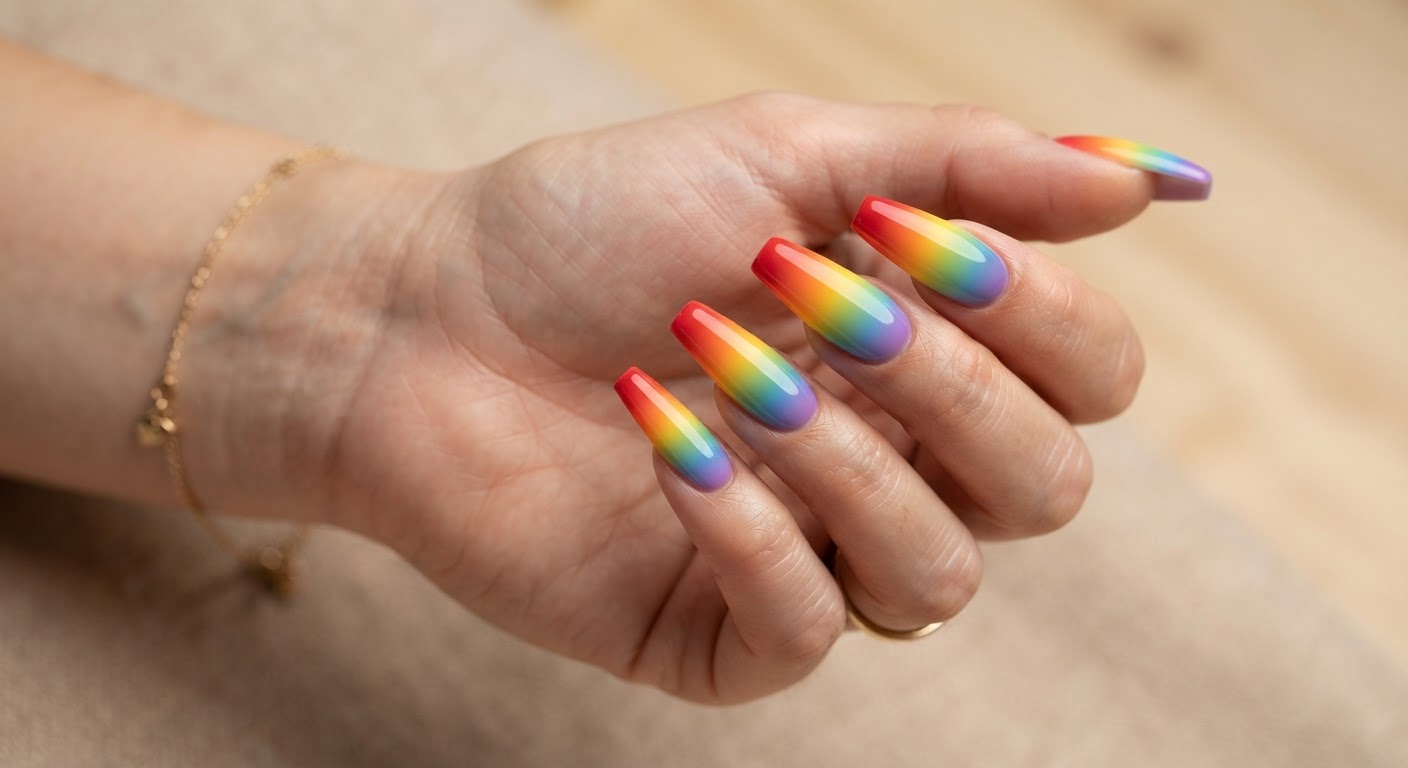Long coffin nails with a rainbow gradient across each nail