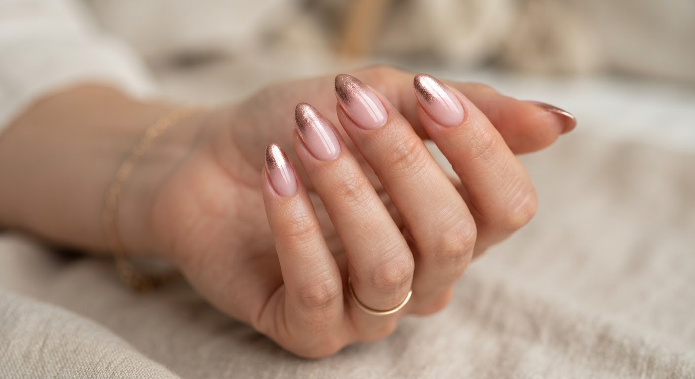 Almond nails with metallic rose gold tips fading into blush pink