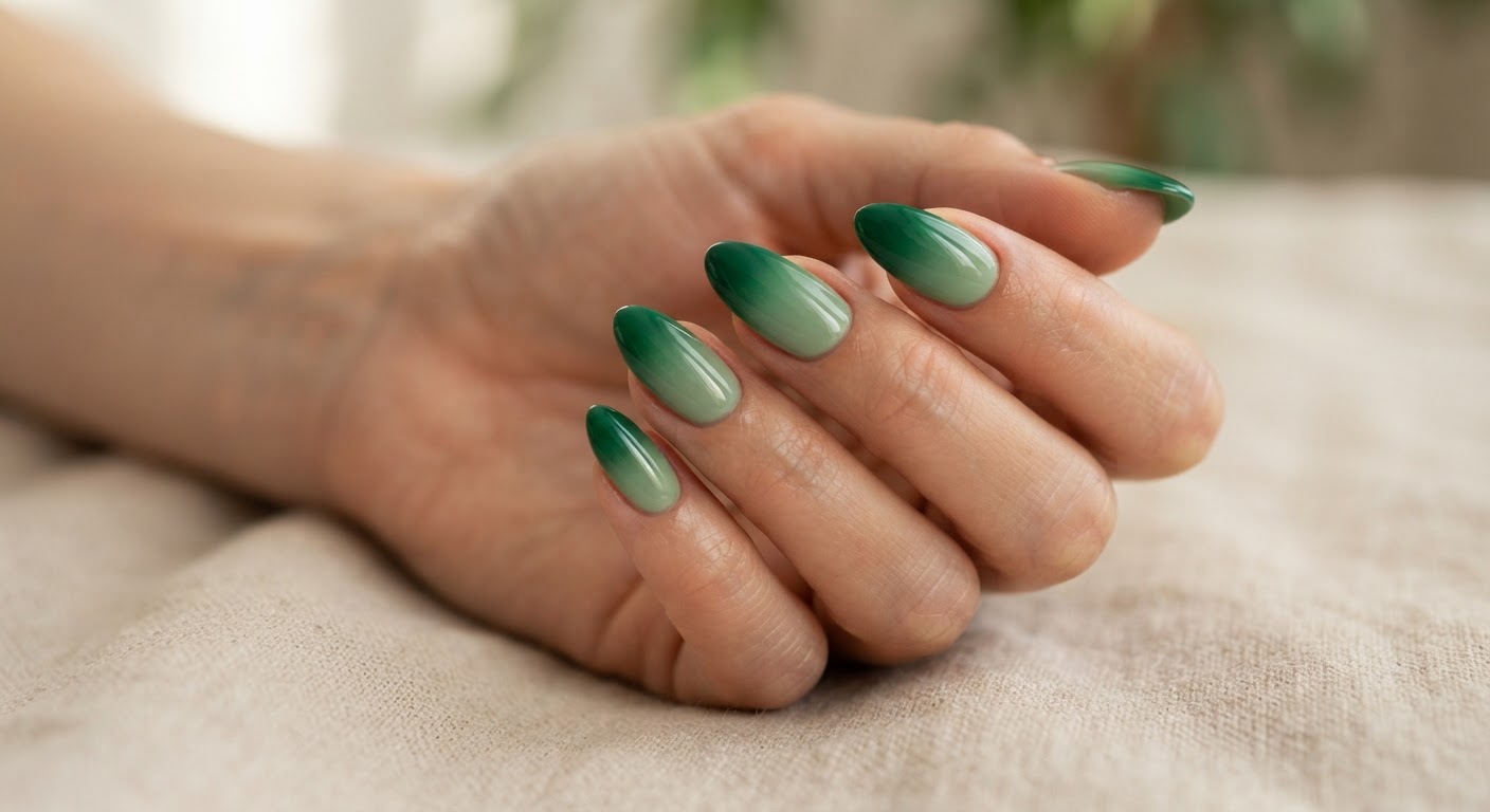 Almond nails with a sage green to deep emerald ombre