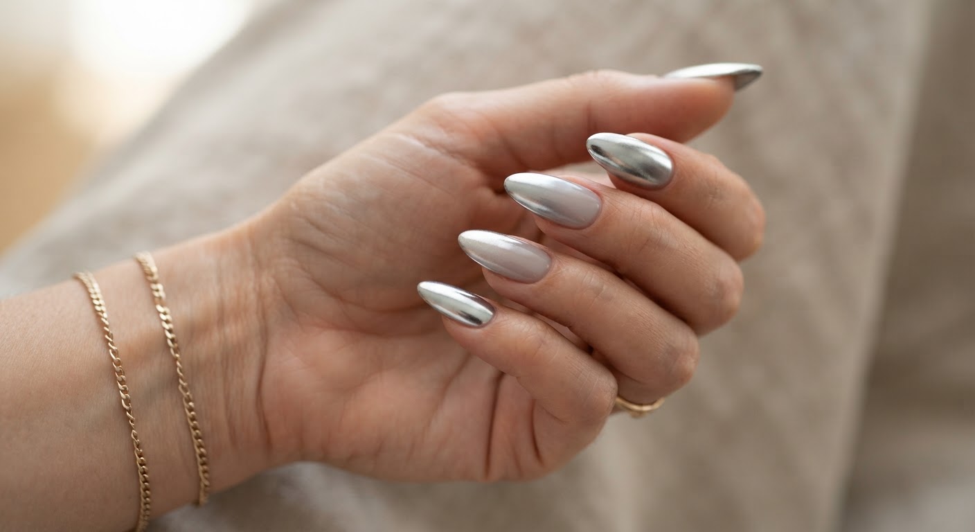 Almond nails with mirror silver chrome fading into a grey nude base