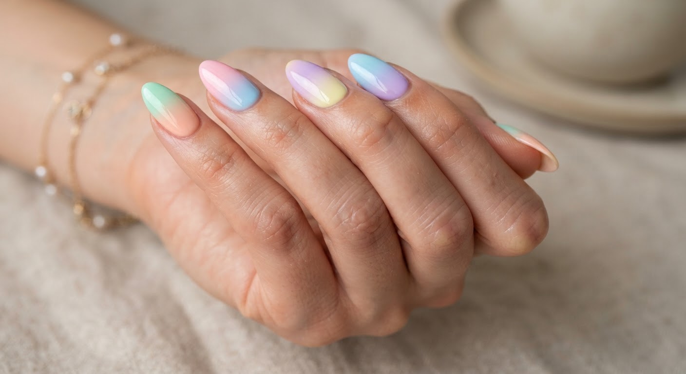 Almond nails with a different pastel ombre gradient on each nail
