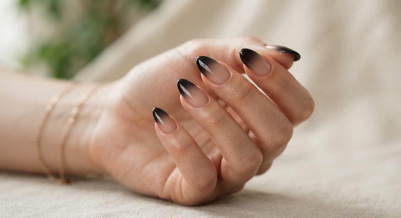 Almond nails with sheer black fading into a nude base