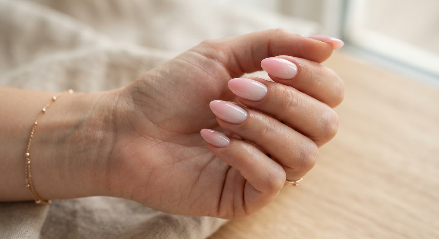 Almond nails with a milky pink to white strawberry milk ombre