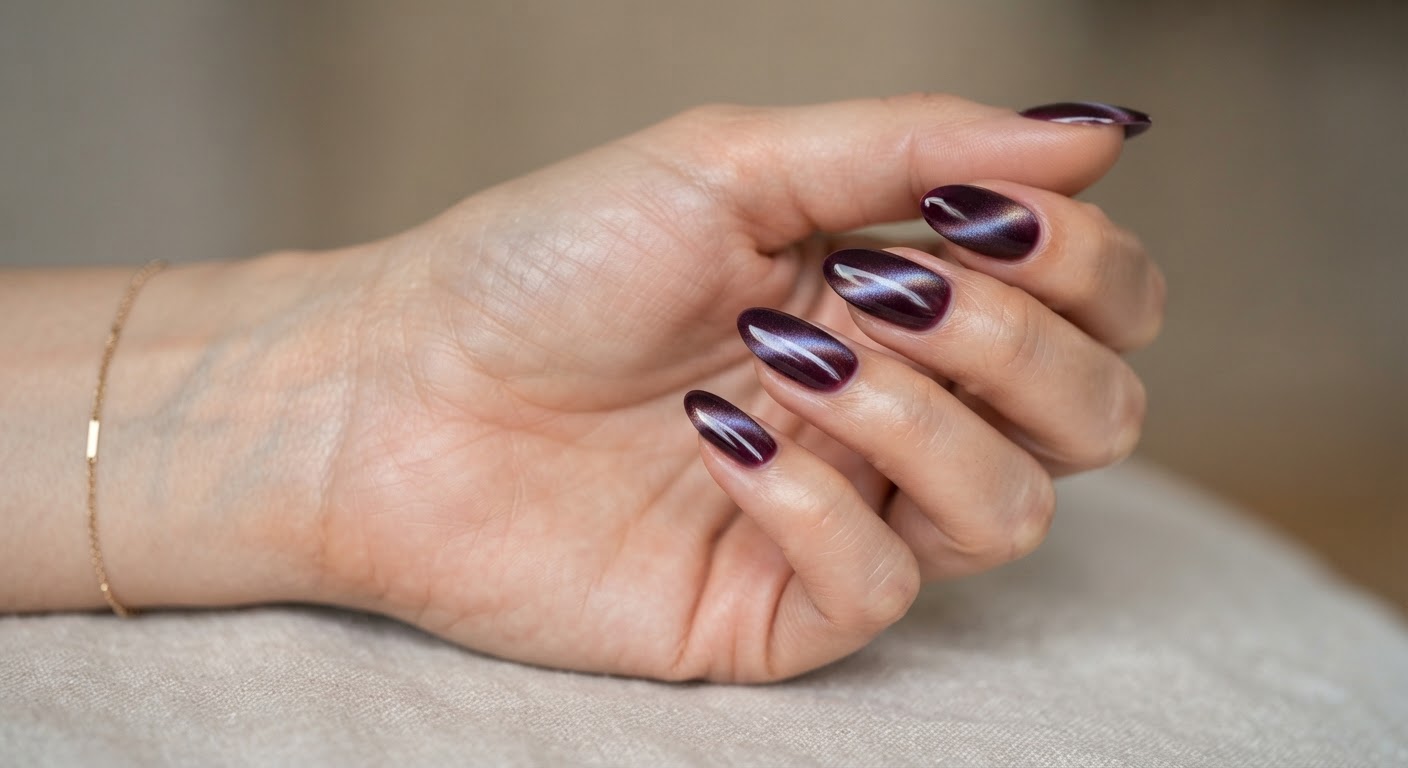Almond nails with a deep plum velvet cat-eye magnetic ombre