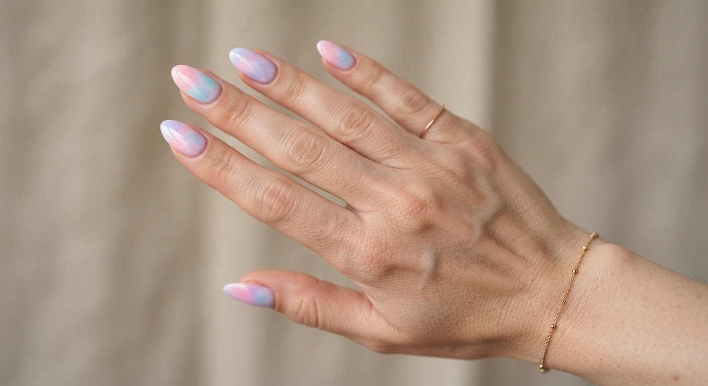 Almond nails with pastel pink, blue and lilac blending like wet watercolour
