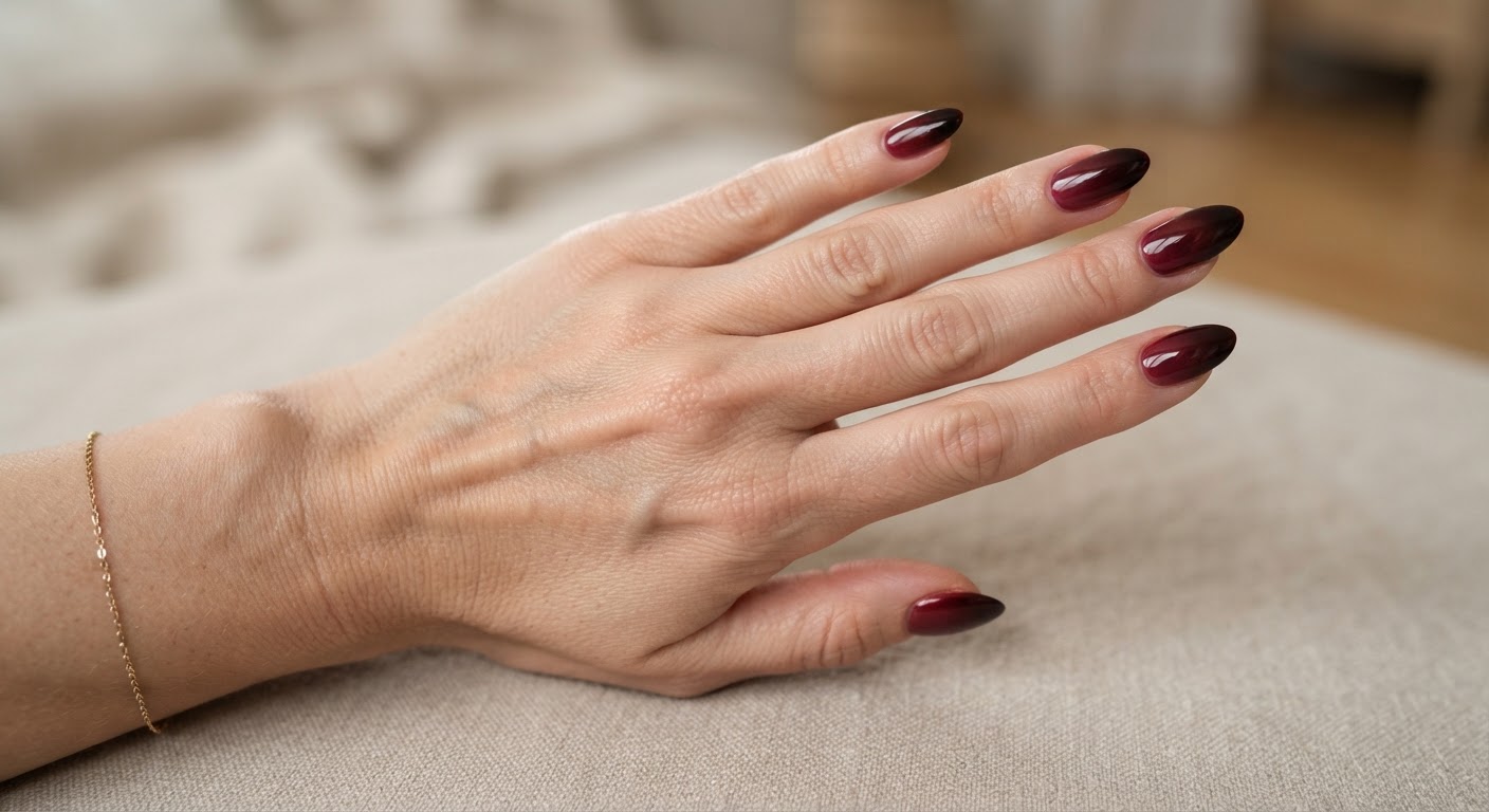 Almond nails with a deep wine red to burgundy ombre